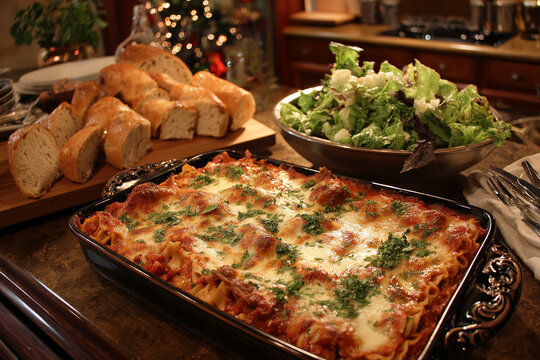 Warm cheesy lasagna fresh baked with crusty bread and vibrant green salad a perfect festive holiday meal for family gatherings - Powered by Adobe