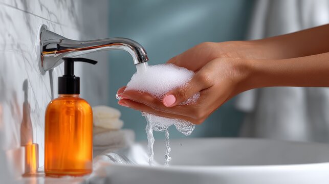 Close-up of hands washing with soap under modern faucet in a stylish bathroom, showcasing the cleansing process with bubbles and a vibrant orange soap dispenser nearby, emphasizing hygiene and care