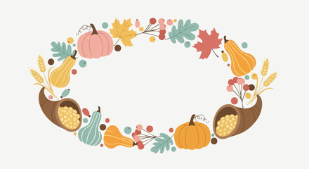 Autumn Harvest Wreath With Pumpkins And Leaves.