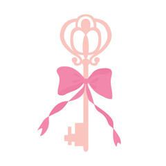 Ornate Key with Pink Bow Illustration. White background, isolate
