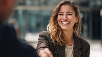 A smiling woman extending her hand for a handshake in a professional setting, symbolizing connection and collaboration.
