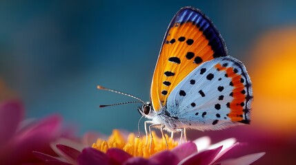 Obraz premium macro photo of a colorful butterfly perched on a flower petal, natural morning light, vivid wing details, soft bokeh background, ultra-realistic photography, f/2.8, DSLR 100mm macro lens