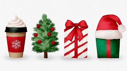Festive watercolor illustration featuring a holiday coffee cup, decorated Christmas tree, gift box with ribbon, and Santa hat, capturing the essence of seasonal celebrations and joyful moments