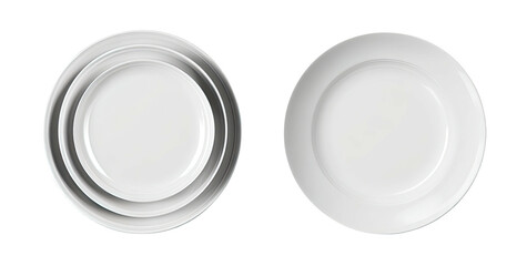 Overhead view of white ceramic plates nested plates on the left and a single plate on the right