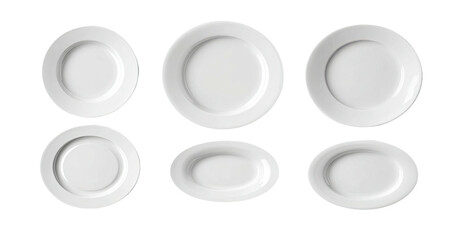 Six white ceramic dinner plates, presented in various arrangements against a solid black background