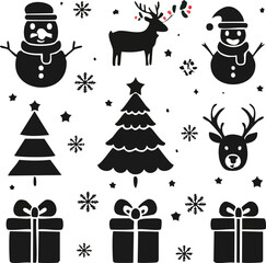 Fototapeta premium Flat Christmas silhouette icon set with Santa Claus, reindeer, snowman, gift box, and Christmas tree, solid black on white background