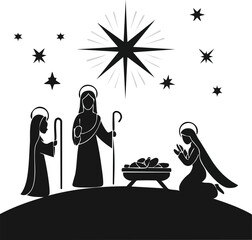 Holy Christmas icon collection with silhouette nativity scene, angel, candle, and star of Bethlehem, elegant black vector