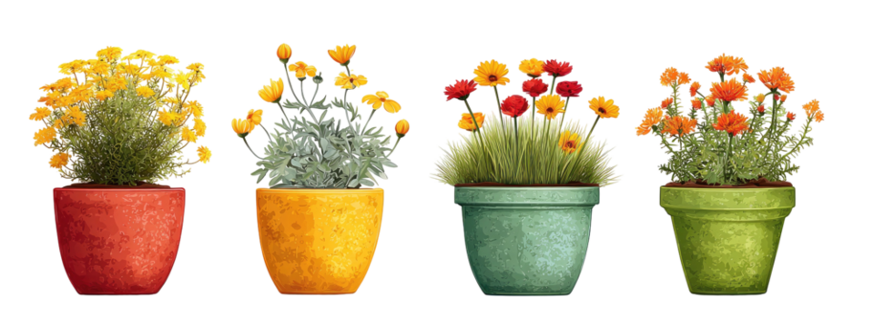 Four potted flower arrangements, varying hues, placed side-by-side against a stark black background