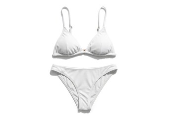 A white two-piece swimsuit with ribbed texture featuring a triangle top with adjustable straps and a brief-style bottom displayed against a plain background