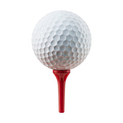 Close-up of a white dimpled sphere, atop a red peg, against a black background