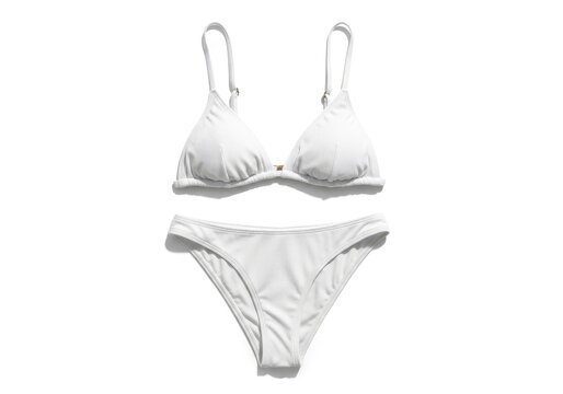 A white two-piece swimsuit with ribbed texture featuring a triangle top with adjustable straps and a brief-style bottom displayed against a plain background