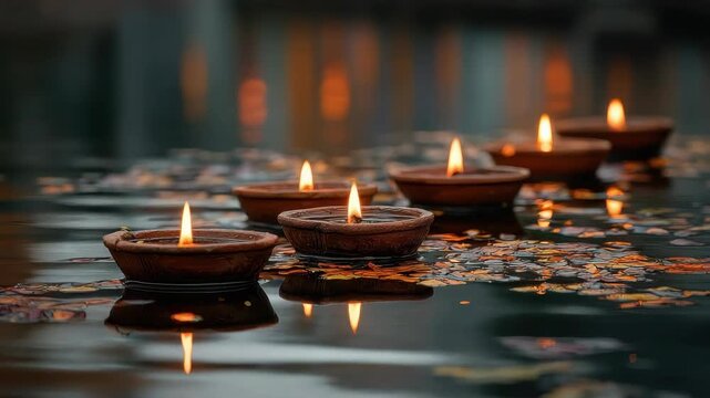 Serene Diyas Floating on Water During Chhath Puja Celebration