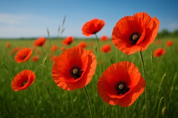 Obraz premium Vibrant Red Poppy Field Under Blue Sky: Ideal for Nature Wallpapers, Floral Video Backgrounds, Wellness Blog Headers, Seasonal Greeting Cards, and Eco-Tourism Brochure Designs