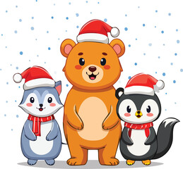 Cute Christmas animal set, bear, penguin, fox wearing Santa hats, kawaii vector
