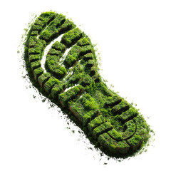 An eco-friendly sole impression, composed of vibrant green moss, on a deep black background