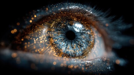 Close-up of an eye with a digital network overlay, symbolizing the fusion of technology and human vision.