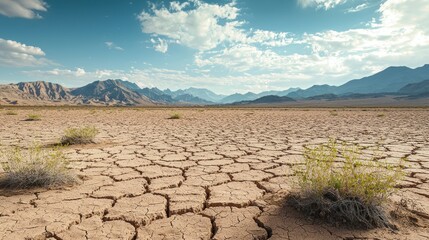 A barren desert landscape with cracked earth, sparse vegetation, and mountains in the distance.