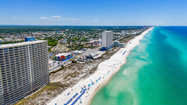 Aerial landscape of giant fancy beach resort summer day in Panama City Beach Florida panhandle