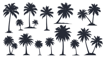 Obraz premium Silhouette palm trees collection features diverse shapes and sizes, creating a tropical atmosphere reminiscent of vacation destinations.
