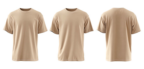 Beige t-shirts in a studio setting, showcasing the front, side, and back