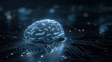 Futuristic brain hologram on a digital circuit board representing advanced technology and artificial intelligence.