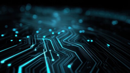 Futuristic circuit board design with glowing blue lines and dots, representing advanced technology and digital innovation.