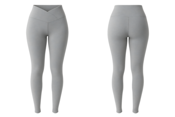 Grey v-waist women's leggings front and back view isolated on transparent background