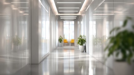 Modern office hallway with large windows, greenery, and bright natural light creating a welcoming workspace.