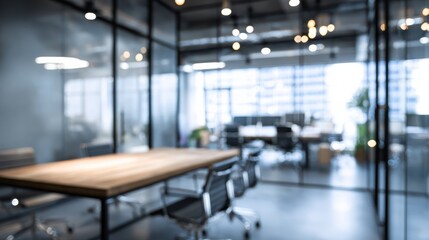 Fototapeta premium Modern office interior with a wooden table and stylish chairs, offering a professional work environment.