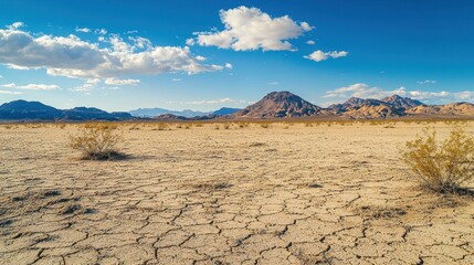 A barren desert landscape with cracked earth, sparse vegetation, and mountains in the distance.
