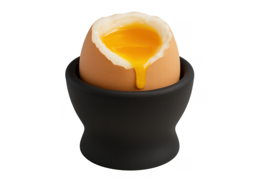 Soft boiled egg with runny yolk in black egg cup