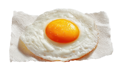 A cooked egg, sunny-side up, sits on a white paper towel against a solid black background