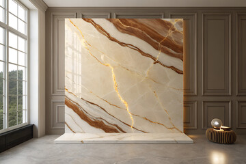 Luxurious interior with polished marble slab and dramatic golden-brown veining — elegant architectural feature ideal for upscale homes and modern design spaces. generative ai