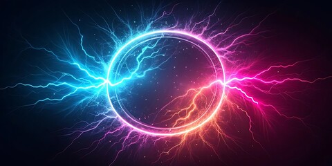 Vibrant Neon Circle with Electric Blue and Magenta Lightning Bursts in a Starry Void electric lightning