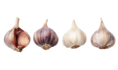 Close-up studio shot of four fresh garlic bulbs lined up against a solid black backdrop