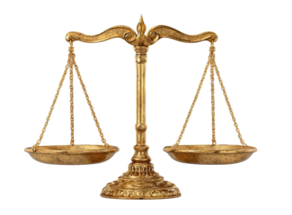 An antique golden balance scale, used to symbolize justice, fairness, and legal principles