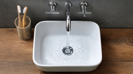 Modern bathroom sink with flowing water, featuring sleek chrome faucet and white ceramic basin, surrounded by wooden countertop and toothbrush holder, creating a serene and clean atmosphere