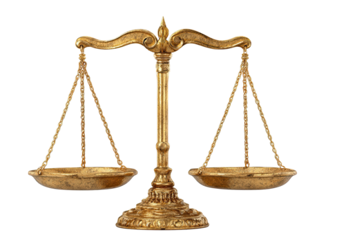 An antique golden balance scale, used to symbolize justice, fairness, and legal principles