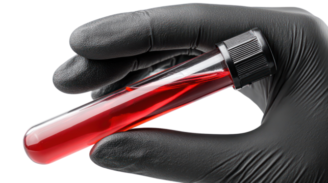 Hand in black glove holding blood sample in test tube isolated on transparent background - Powered by Adobe