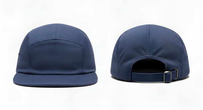 A front and back view of a blank navy blue 5-panel camp cap mockup for apparel branding and design presentation