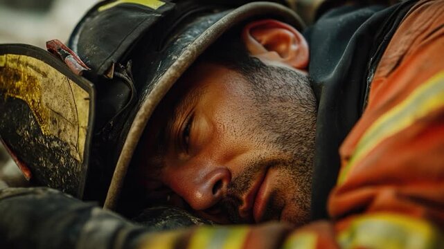 Firefighter resting on a park bench, possibly after a long call or during a break