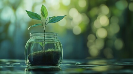 Young plant in glass jar