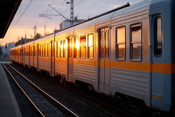 Fototapeta premium A train waits at a station during sunset, with warm light reflecting off its windows. The scene captures a tranquil moment in urban transportation.