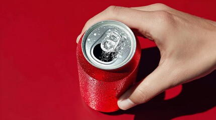 Hand holding a cold, refreshing beverage can with condensation on the surface, positioned against a vibrant red background, showcasing the thirst-quenching experience and summer vibes