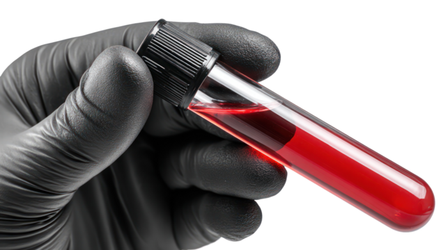 Hand in black glove holding blood sample in test tube isolated on transparent background - Powered by Adobe