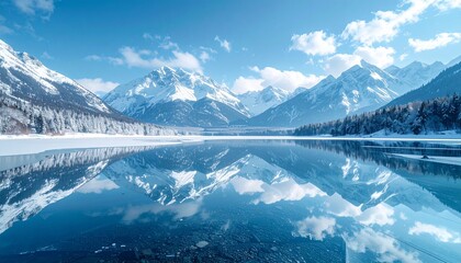 Perfectly reflective frozen lake surrounded by snow mountains