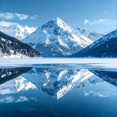 Perfectly reflective frozen lake surrounded by snow mountains
