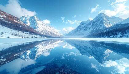 Perfectly reflective frozen lake surrounded by snow mountains