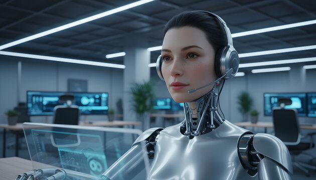 Female Robot Customer Service Representative in Modern Office Working With Futuristic Transparent Tablet