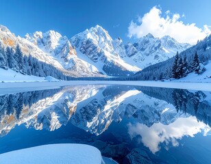 Perfectly reflective frozen lake surrounded by snow mountains